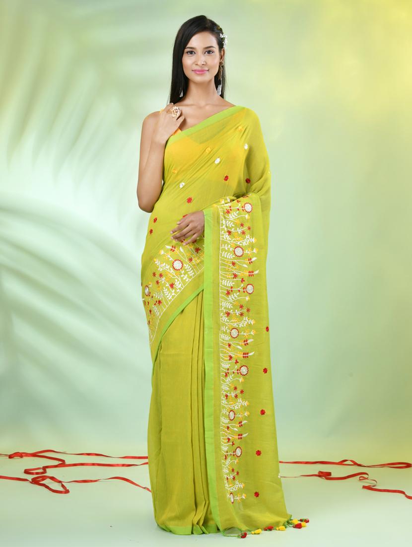 women lime embroidered saree with blouse