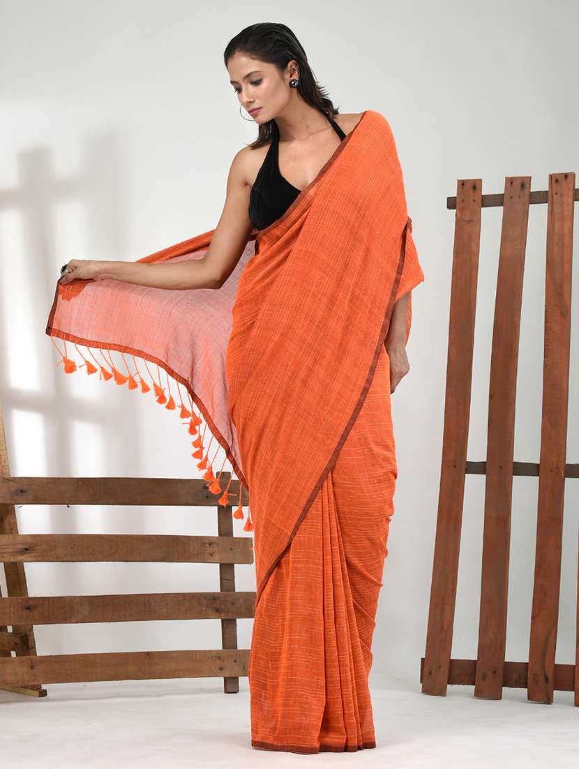 women orange handloom saree with blouse
