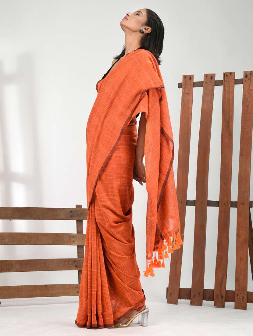 women orange handloom saree with blouse - 21839768 -  Standard Image - 2