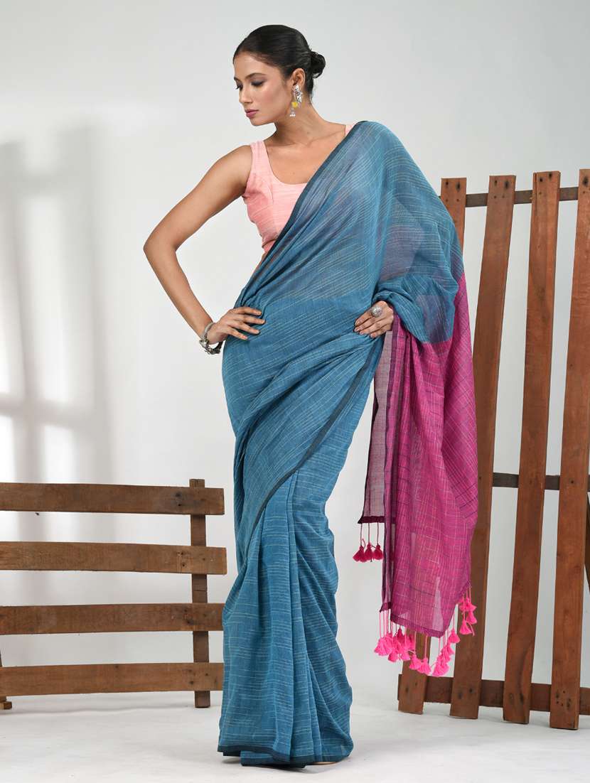 women blue handloom saree with blouse