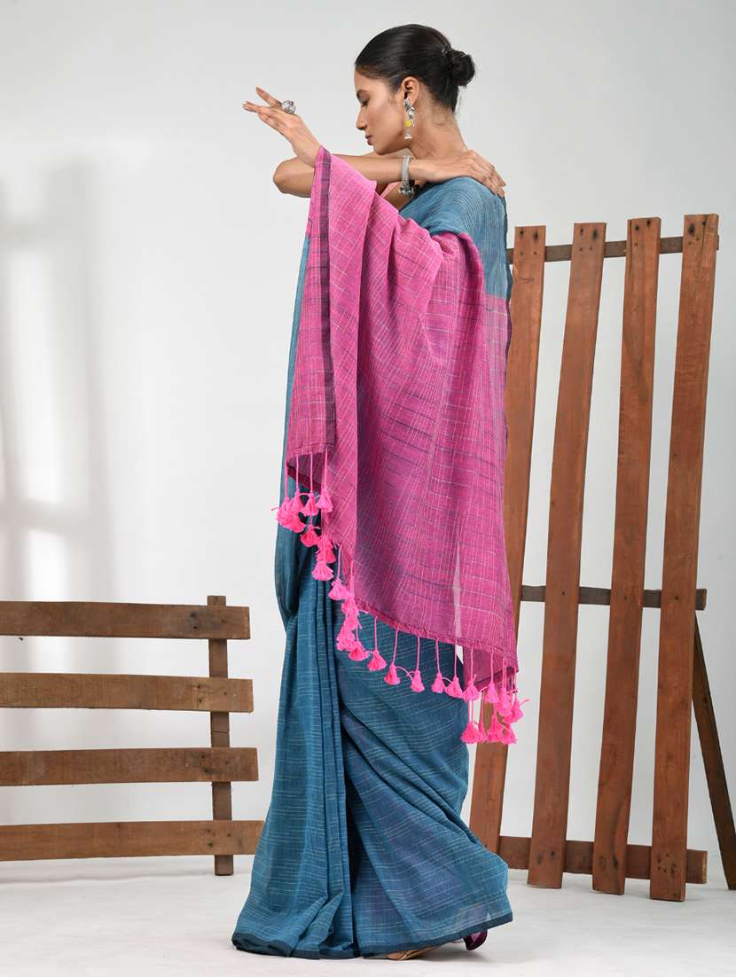 women blue handloom saree with blouse - 21839774 -  Standard Image - 2