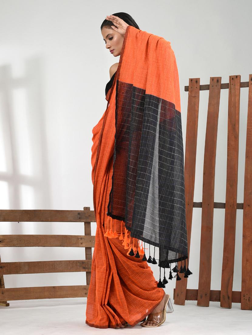 women orange handloom saree with blouse - 21839775 - Standard Image - 2