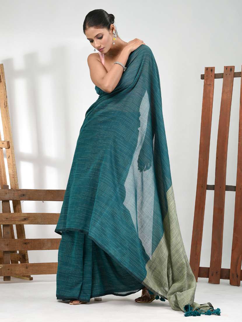 women teal handloom saree with blouse - 21839776 - Standard Image - 2