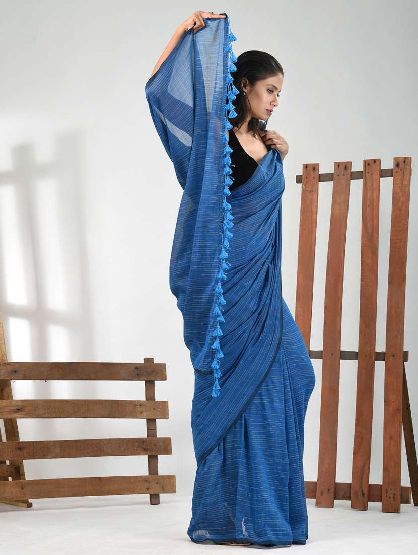 women blue handloom saree with blouse - 21839780 -  Standard Image - 2