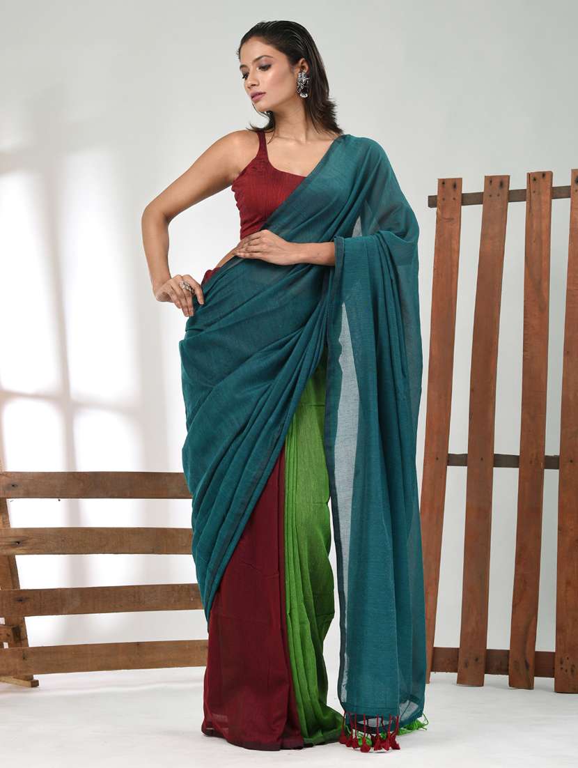 women teal handloom saree with blouse