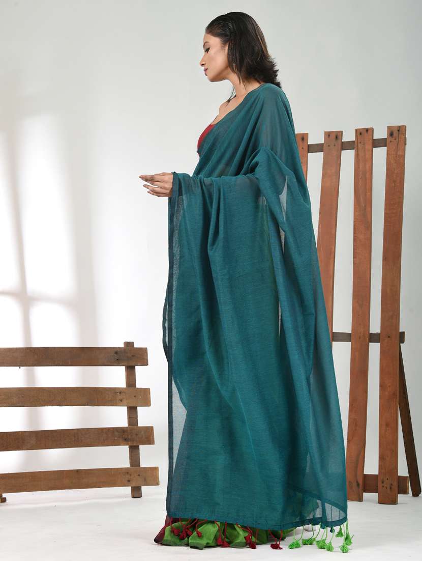 women teal handloom saree with blouse - 21839784 -  Standard Image - 2