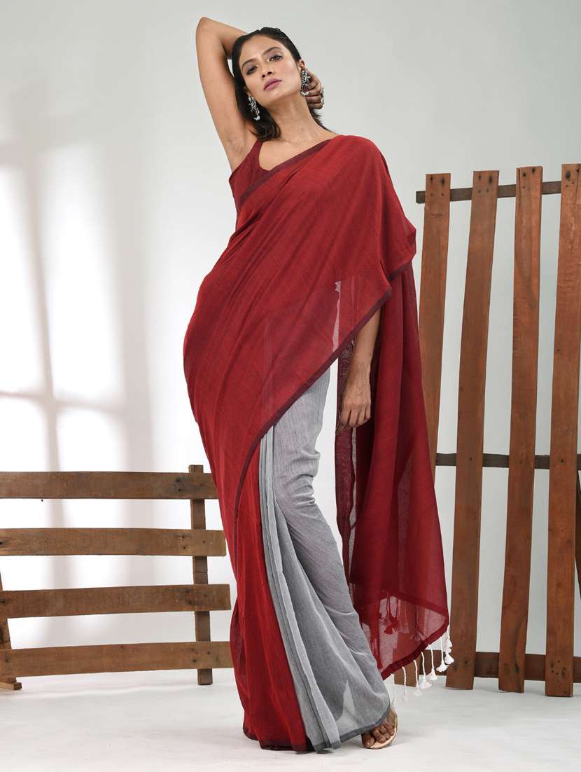 women maroon handloom saree with blouse