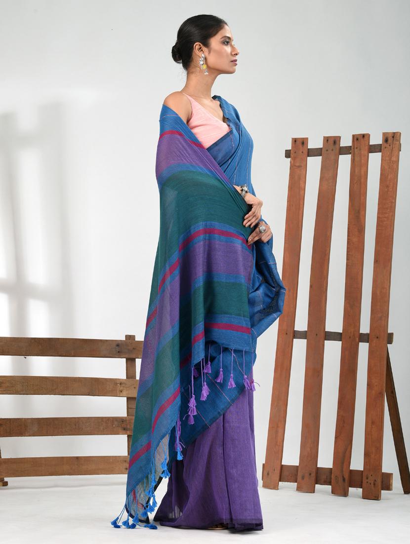 women blue handloom saree with blouse - 21839794 - Standard Image - 2