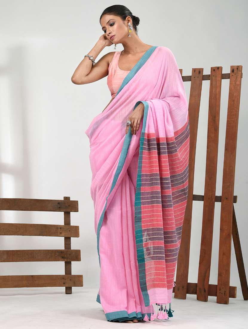 women pink handloom saree with blouse