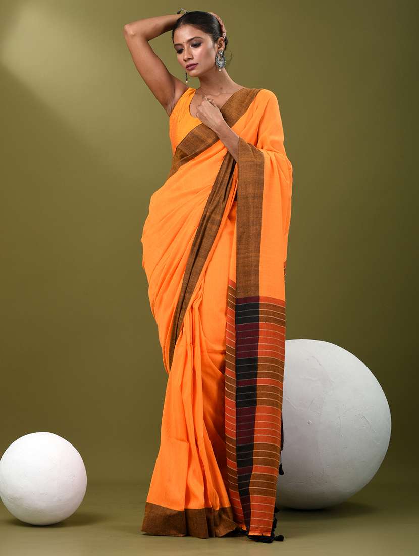 women orange handloom saree with blouse