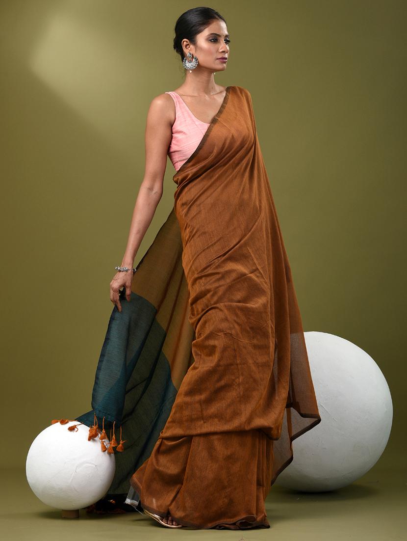 women solid handloom saree with blouse - 21839814 - Standard Image - 2