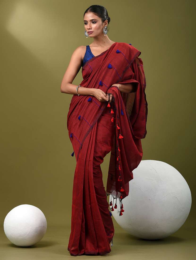 women maroon handloom saree with blouse