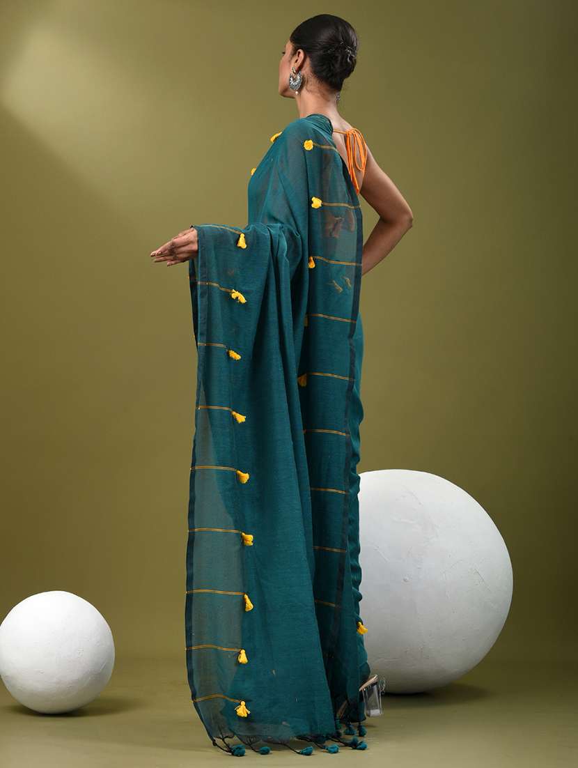 women teal handloom saree with blouse - 21839880 -  Standard Image - 2