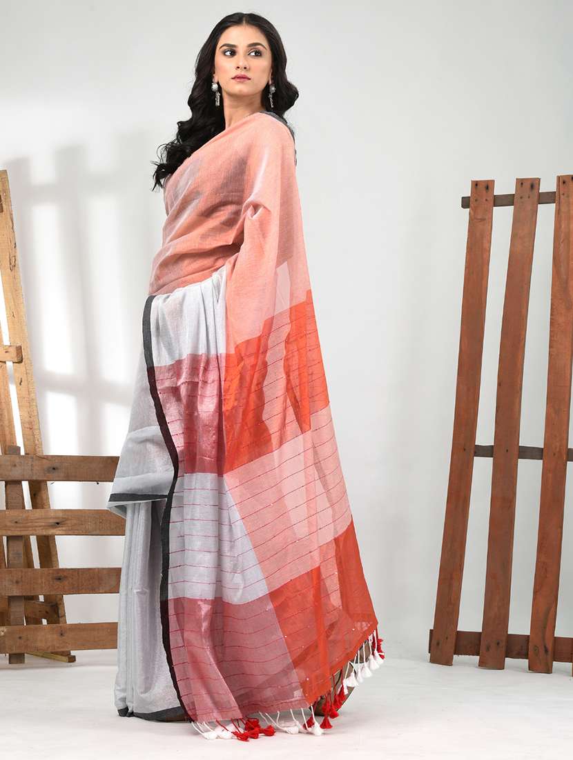 women peach handloom saree with blouse - 21839886 -  Standard Image - 2