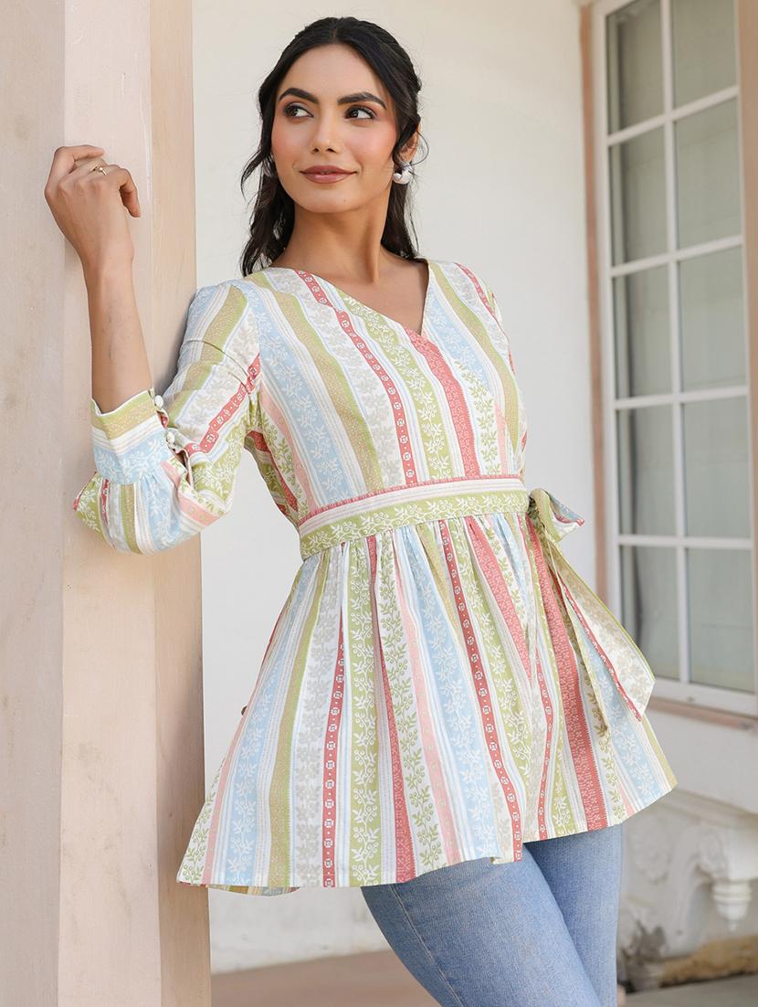 women printed puff sleeves peplum top - 21840070 - Standard Image - 2