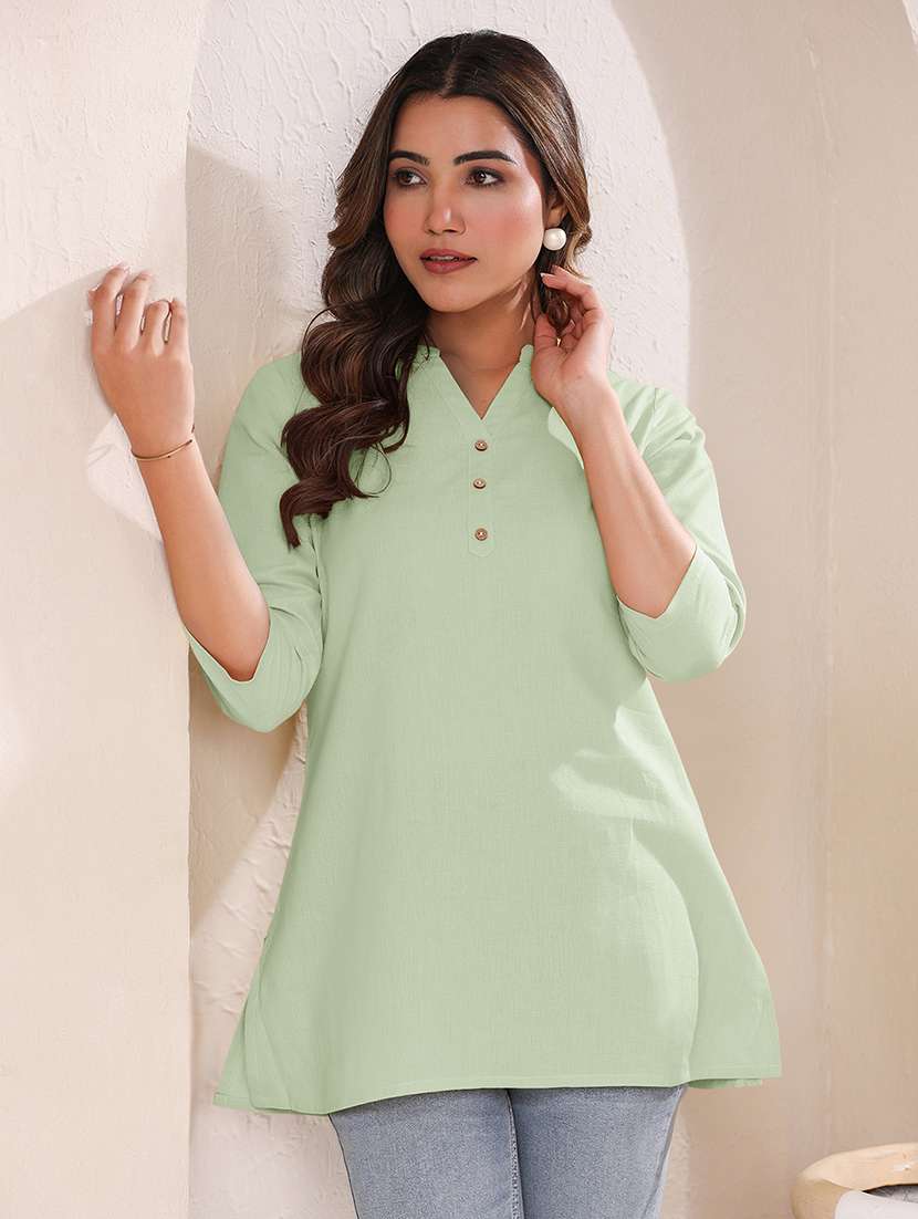 women solid mandarn neck straight kurti - 21840077 - Standard Image - 2