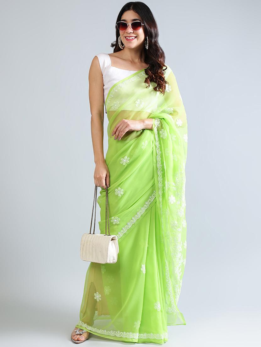 women green chikankari work saree with blouse - 21840090 -  Zoom Image - 0