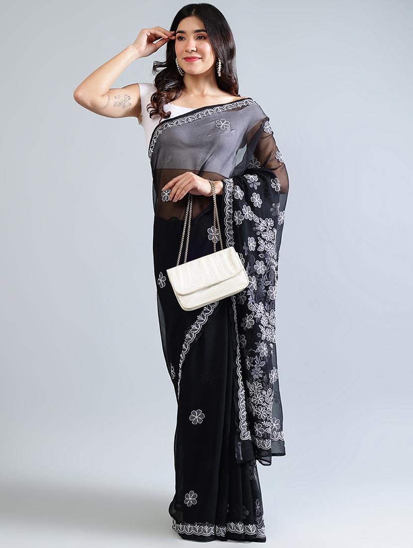 women black chikankari work saree with blouse - 21840091 -  Zoom Image - 0