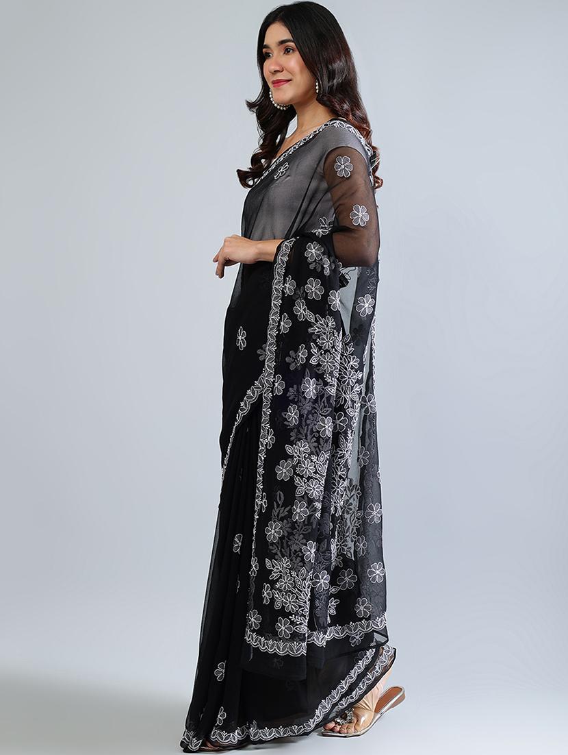 women black chikankari work saree with blouse - 21840091 - Standard Image - 2