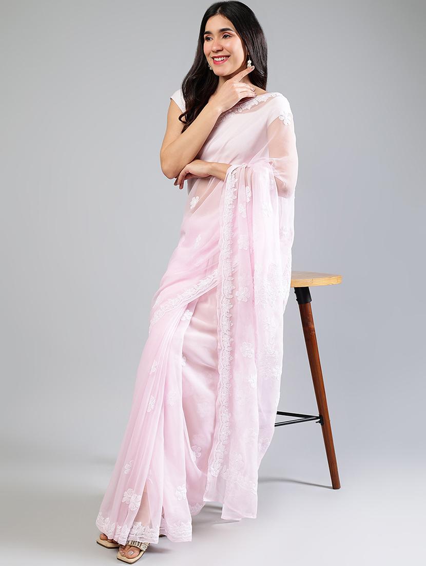 women rosewater chikankari work saree with blouse - 21840093 - Zoom Image - 0