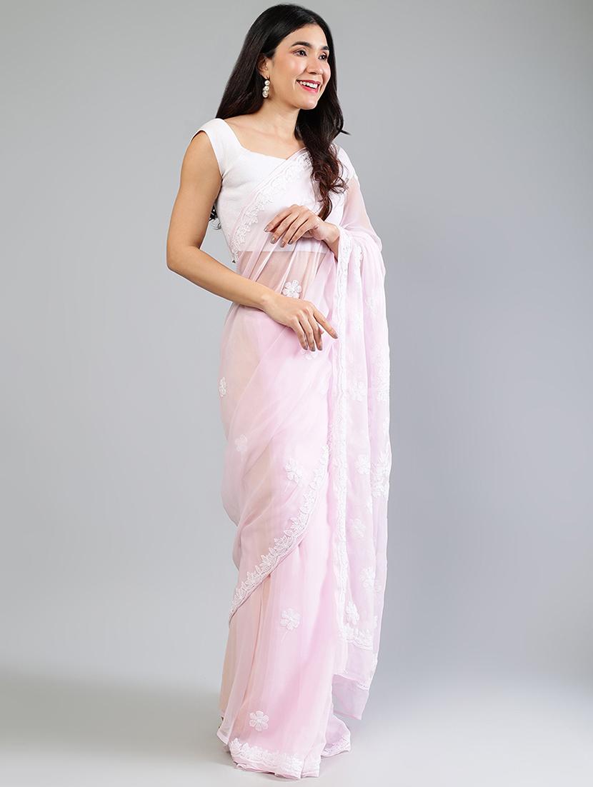 women rosewater chikankari work saree with blouse - 21840093 - Standard Image - 2