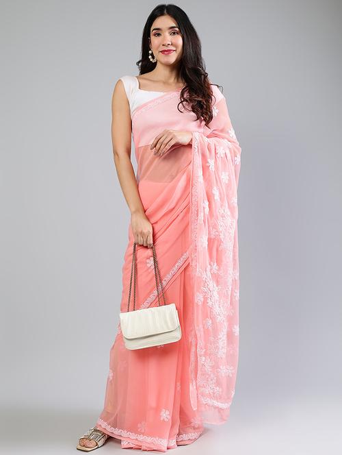 women peach chikankari work saree with blouse - 21840094 - Standard Image - 0