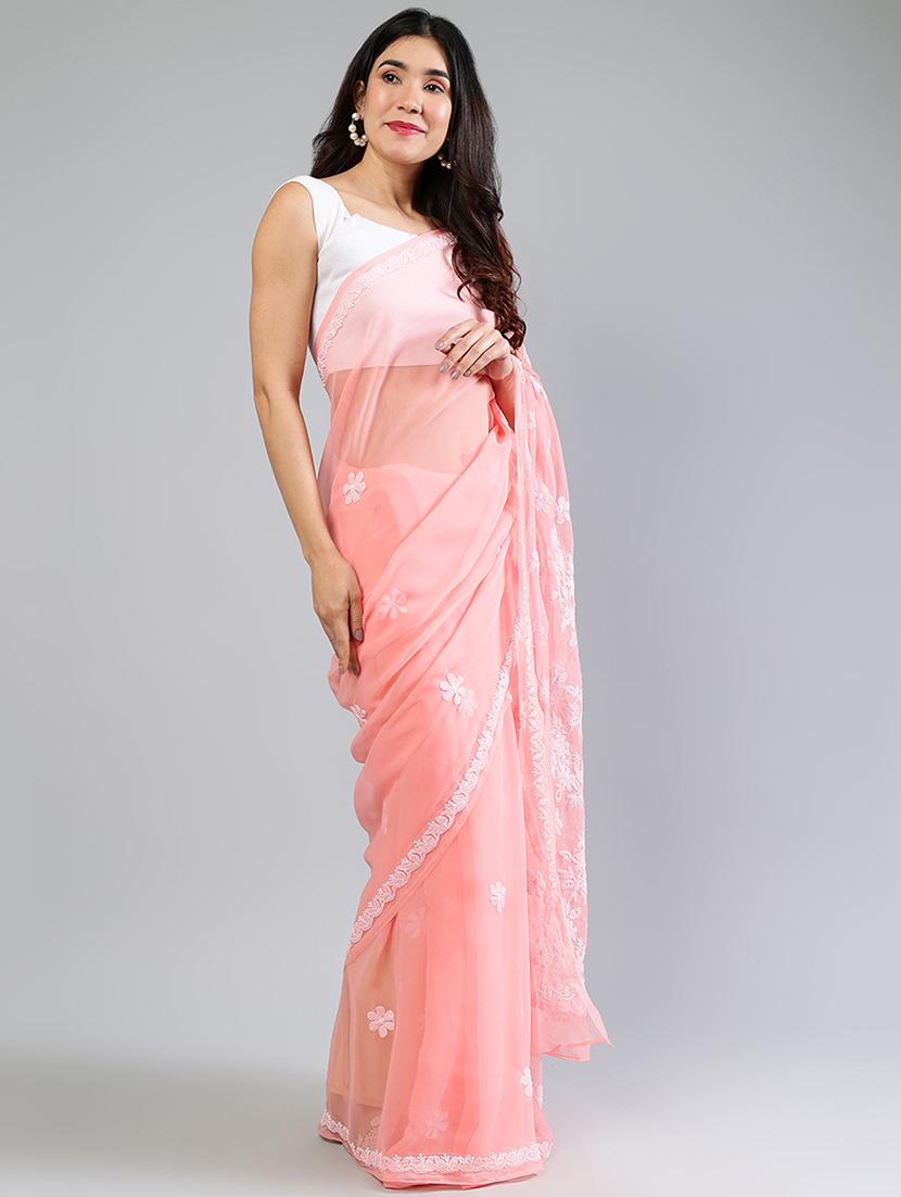 women peach chikankari work saree with blouse - 21840094 - Standard Image - 2