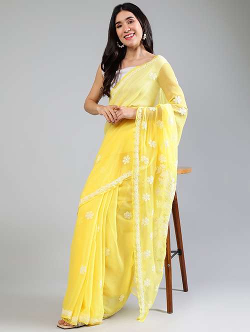 women yellow chikankari work saree with blouse - 21840095 -  Standard Image - 0