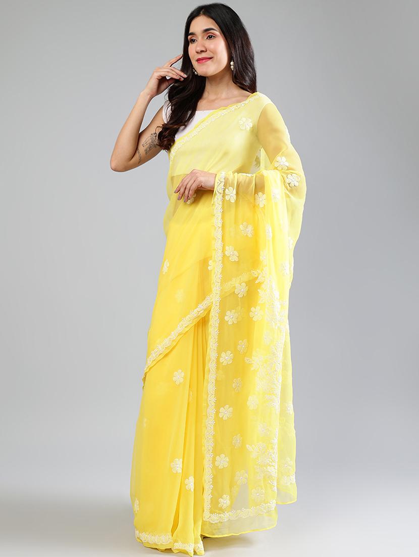 women yellow chikankari work saree with blouse - 21840095 - Standard Image - 2