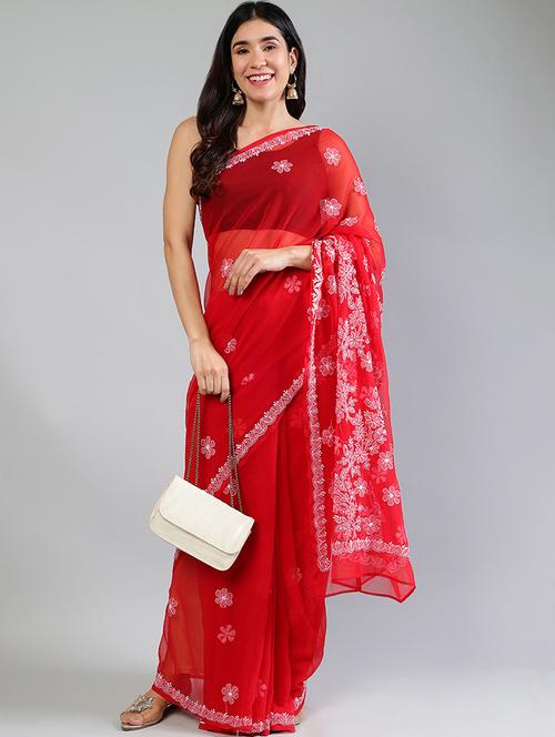 women red chikankari work saree with blouse - 21840096 - Standard Image - 0