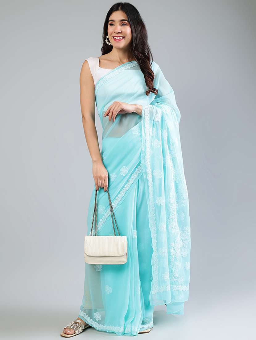 women light blue chikankari work saree with blouse