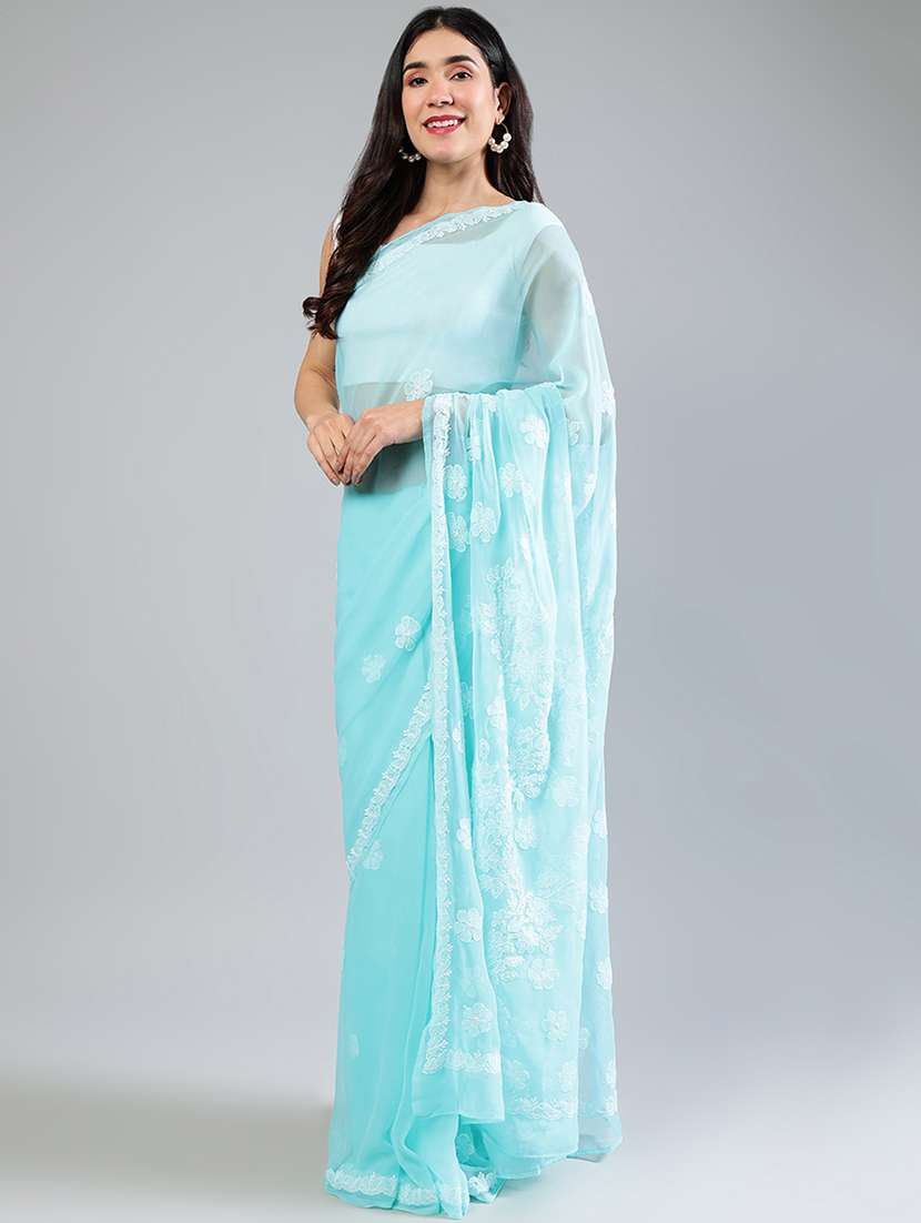 women light blue chikankari work saree with blouse - 21840097 - Standard Image - 2