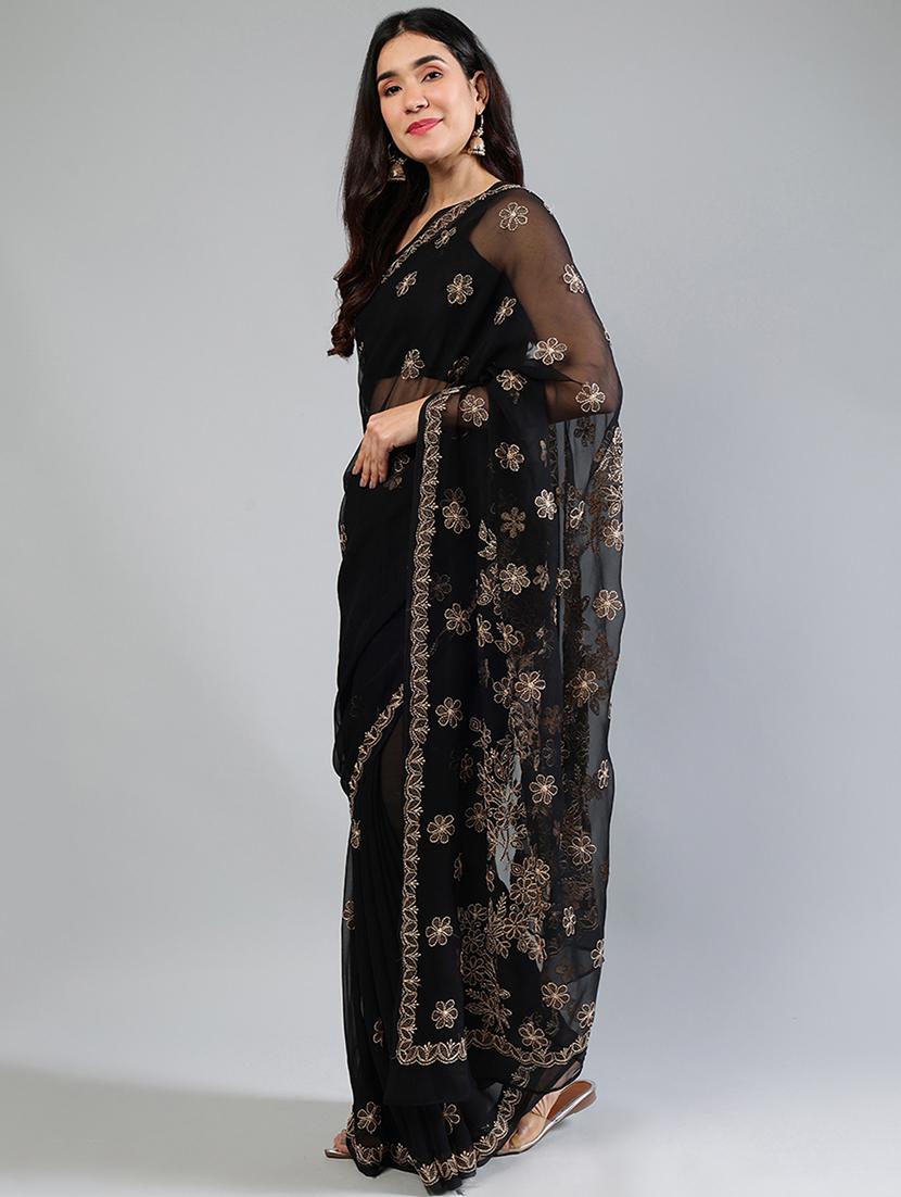 women black chikankari work saree with blouse - 21840098 - Standard Image - 2