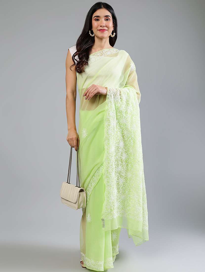 women neo mint chikankari work saree with blouse