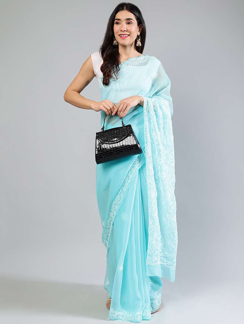 women light blue chikankari work saree with blouse - 21840101 -  Zoom Image - 0