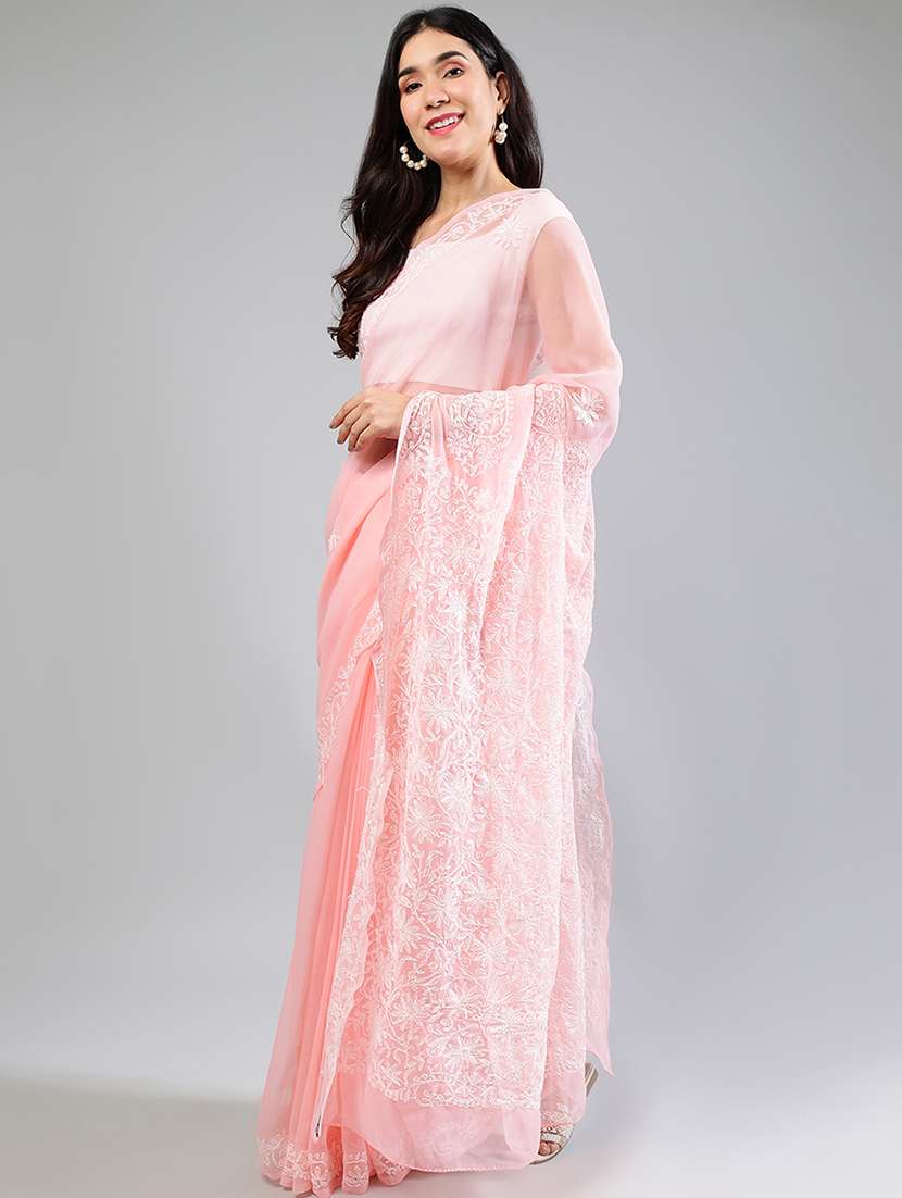women peach chikankari work saree with blouse - 21840102 - Standard Image - 2