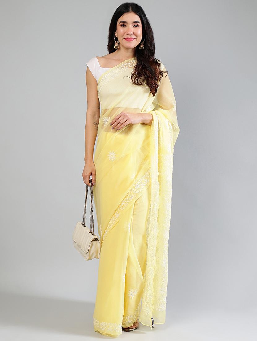 women yellow chikankari work saree with blouse - 21840103 -  Zoom Image - 0