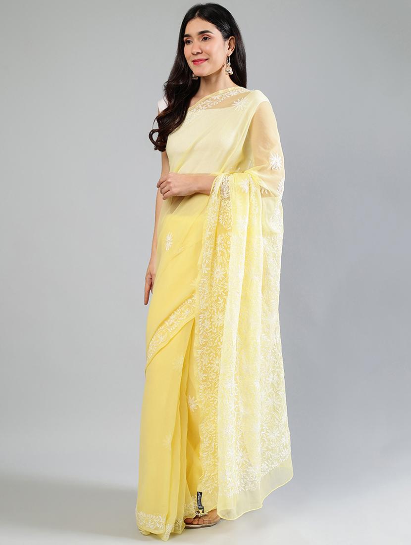 women yellow chikankari work saree with blouse - 21840103 - Standard Image - 2
