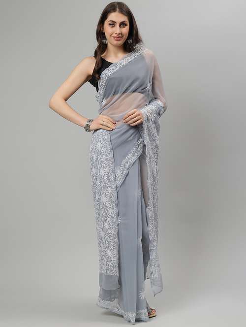 women grey chikankari work saree with blouse - 21840104 -  Standard Image - 0