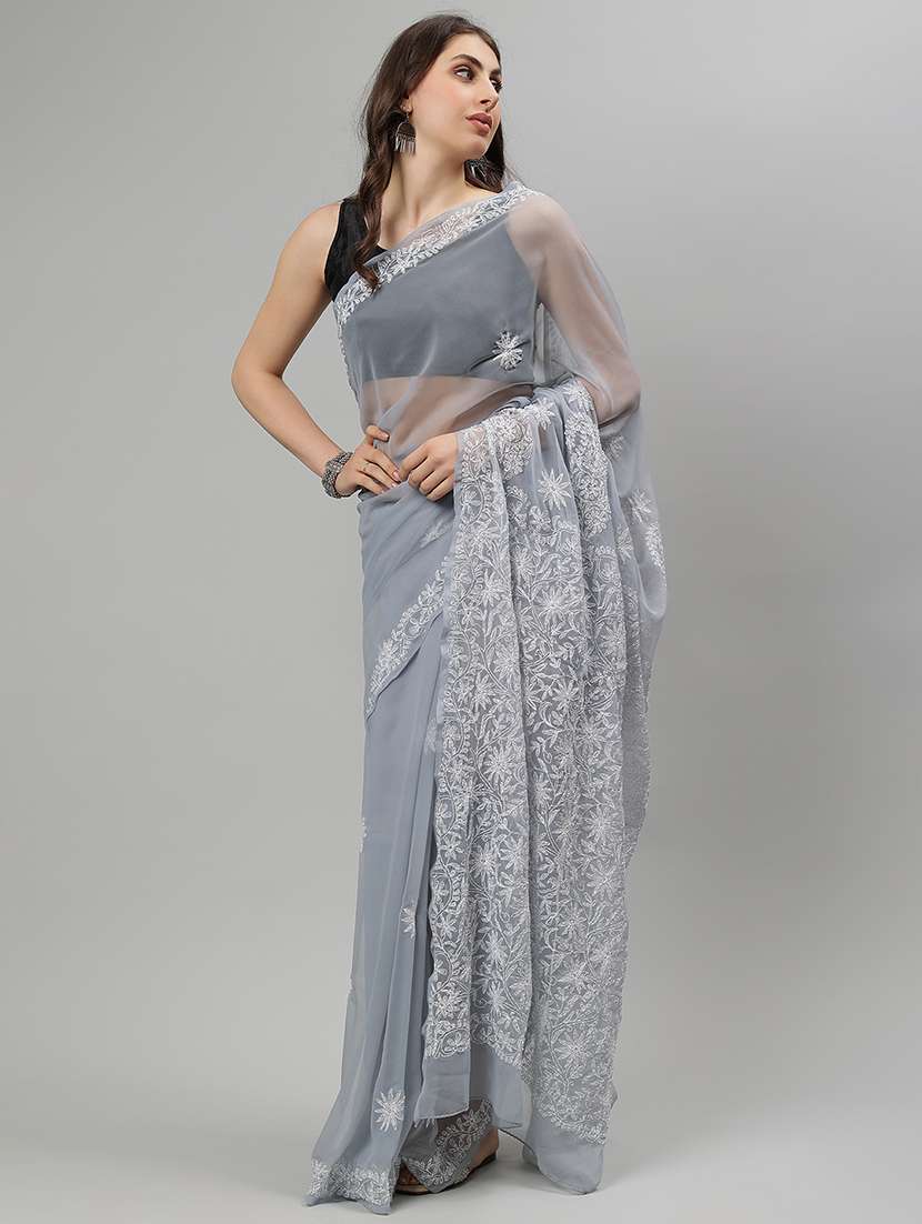 women grey chikankari work saree with blouse - 21840104 - Standard Image - 2