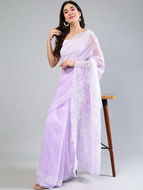 women lavender chikankari work saree with blouse - 21840105 - Standard Image - 0
