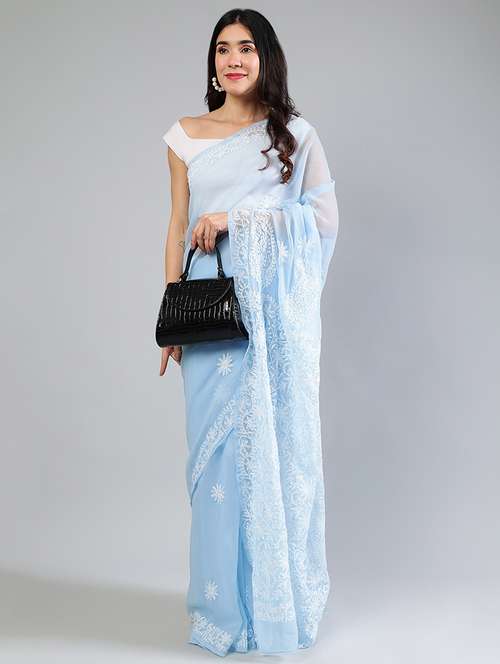 women light blue chikankari work saree with blouse - 21840106 -  Standard Image - 0
