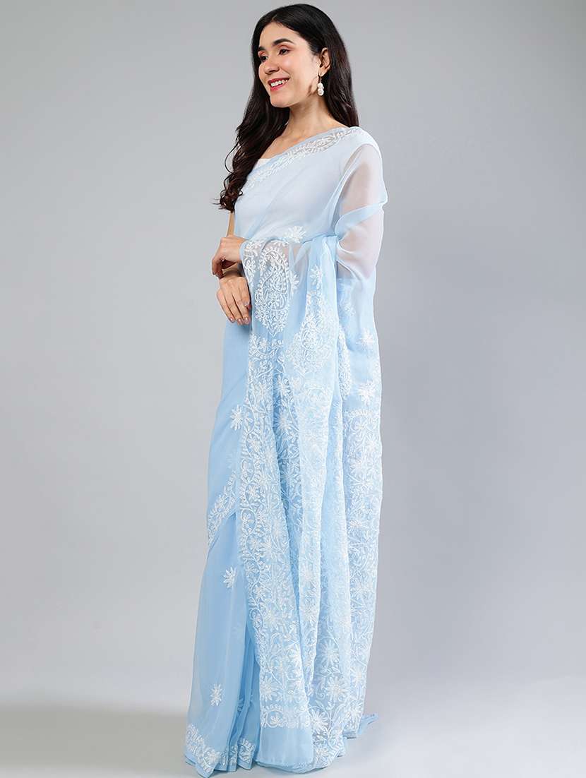 women light blue chikankari work saree with blouse - 21840106 - Standard Image - 2