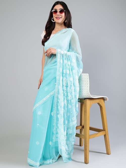 women light blue chikankari work saree with blouse - 21840109 - Standard Image - 0