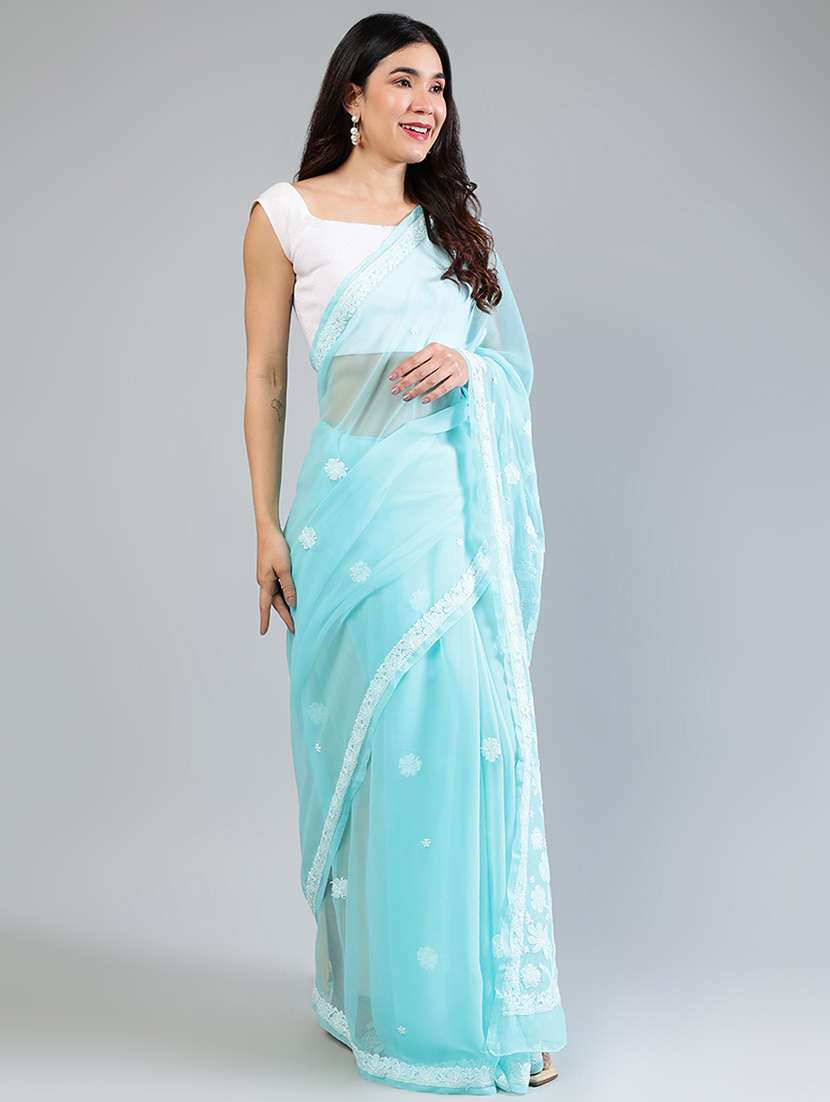 women light blue chikankari work saree with blouse - 21840109 - Standard Image - 2