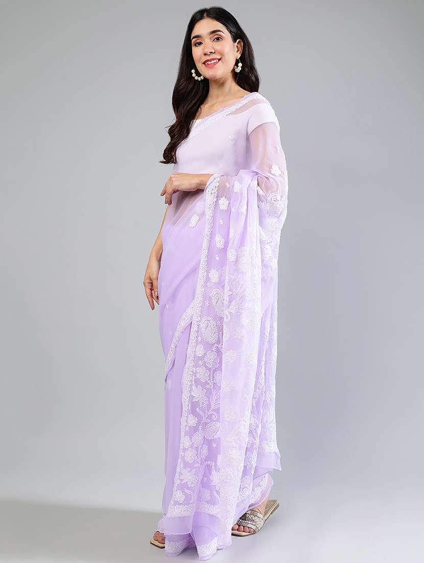 women lavender chikankari work saree with blouse - 21840110 -  Standard Image - 2