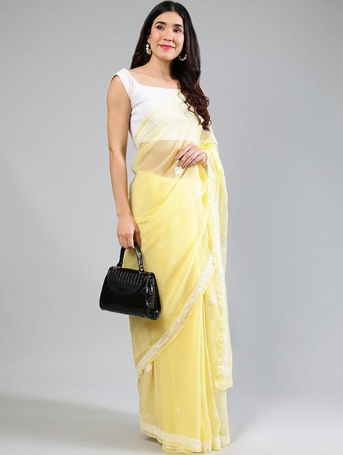 women yellow chikankari work saree with blouse - 21840111 -  Standard Image - 0