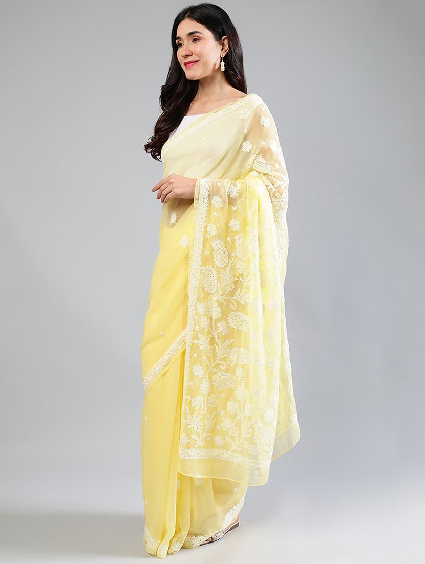 women yellow chikankari work saree with blouse - 21840111 - Standard Image - 2