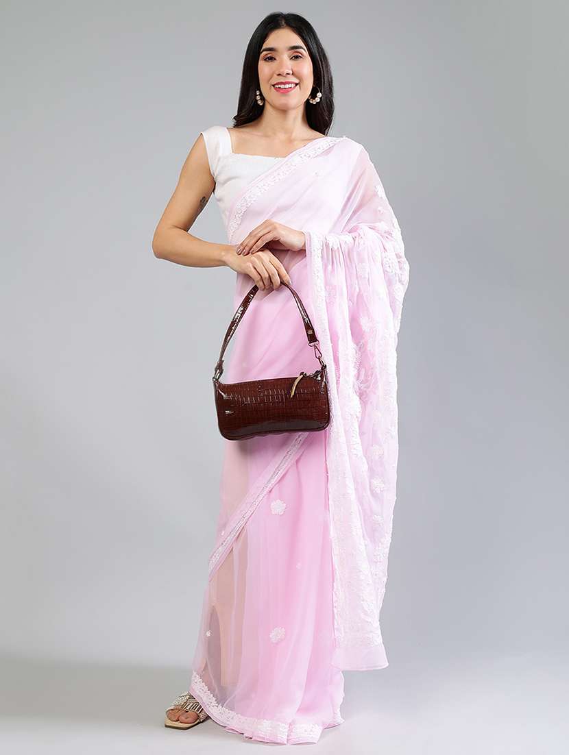 women rosewater chikankari work saree with blouse