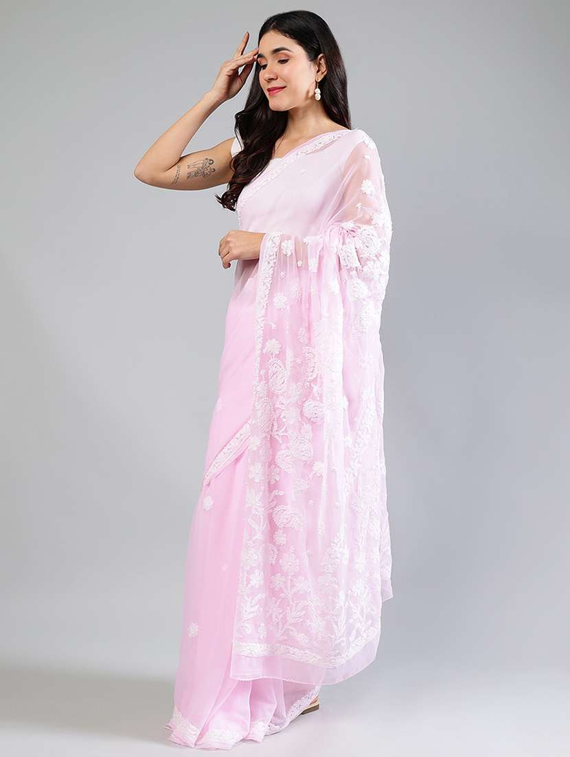 women rosewater chikankari work saree with blouse - 21840112 -  Standard Image - 2